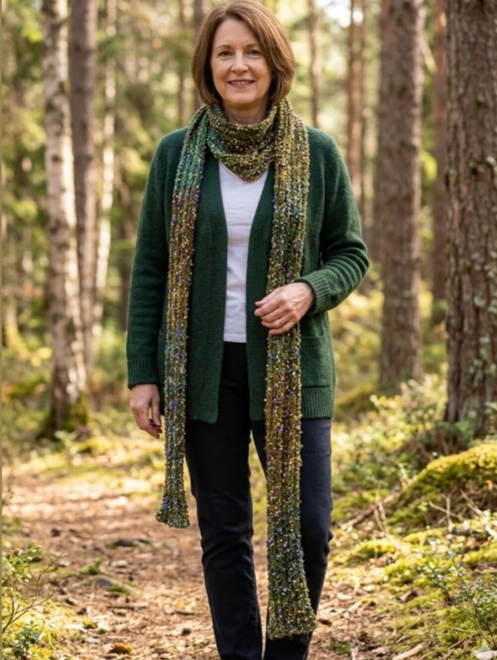 Handmade Knit Super Skinny Scandi Style Very Soft Scarf Olive Brown Purple